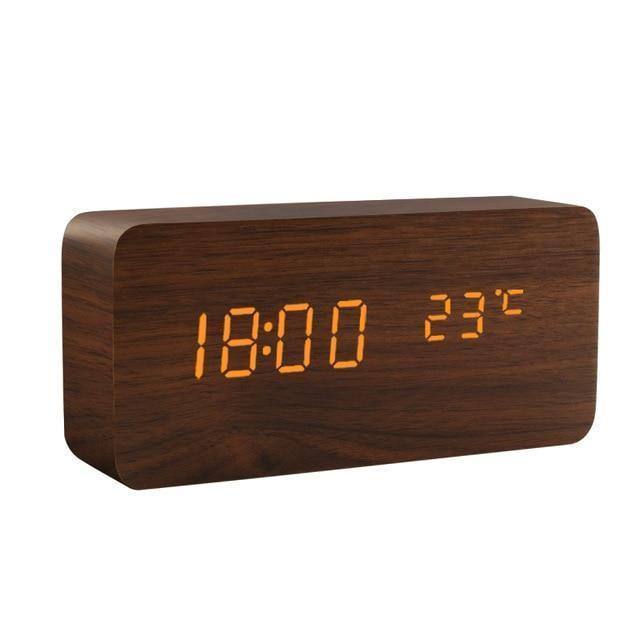 Wooden LED Digital Alarm Clock with Temperature Display and Voice Control