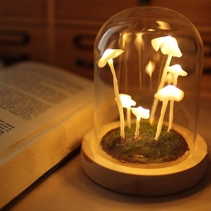 Mushroom LED Table Lamp with Glass Dome and Wooden Base